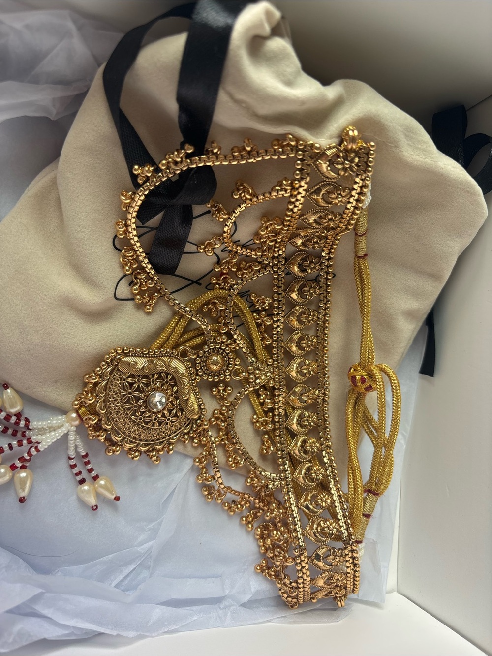 Gold Tone Ornate Indian Bridal Headpiece with Pearls